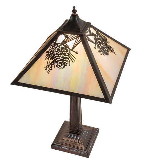 Meyda Lighting Winter Pine 23" Craftsman Brown Mission Table Lamp With Beige Iridescent Shade Glass