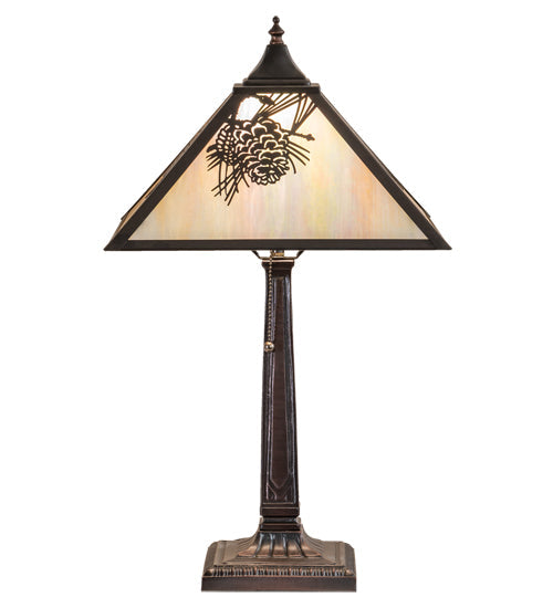 Meyda Lighting Winter Pine 23" Craftsman Brown Mission Table Lamp With Beige Iridescent Shade Glass