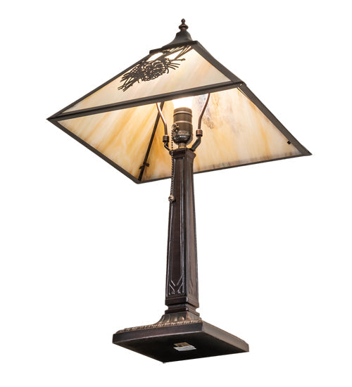 Meyda Lighting Winter Pine 23" Craftsman Brown Mission Table Lamp With Beige Iridescent Shade Glass