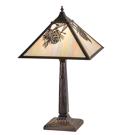 Meyda Lighting Winter Pine 23" Craftsman Brown Mission Table Lamp With Beige Iridescent Shade Glass