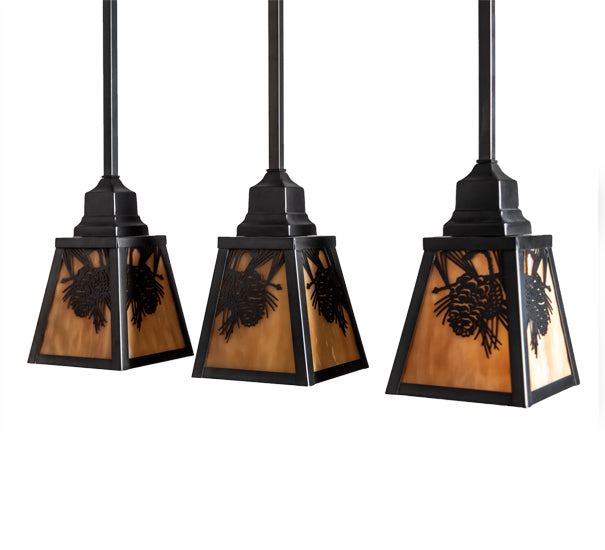 Meyda Lighting Winter Pine 24" 3-Light Craftsman Brown & Oil Rubbed Bronze Island Pendant Light With Beige Shade Glass