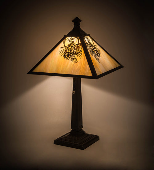 Meyda Lighting Winter Pine 24" Craftsman Brown Table Lamp With Beige Iridescent Shade Glass