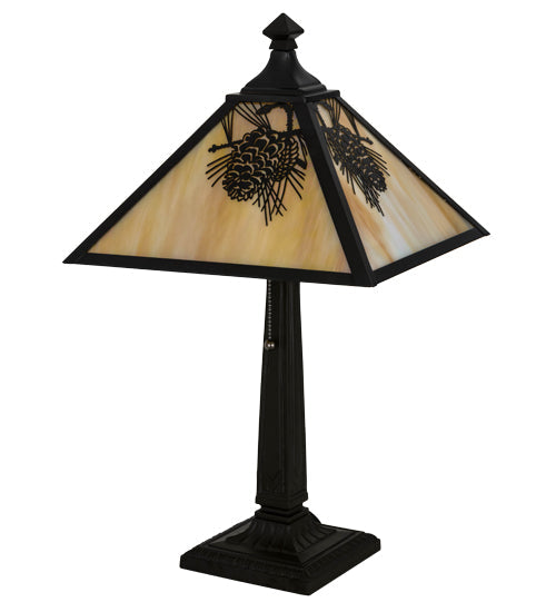 Meyda Lighting Winter Pine 24" Craftsman Brown Table Lamp With Beige Iridescent Shade Glass