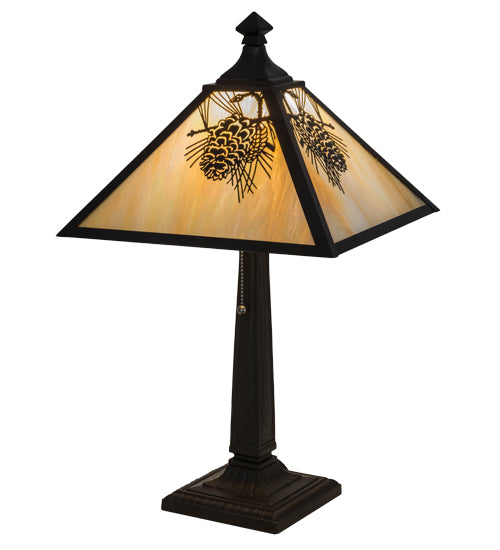 Meyda Lighting Winter Pine 24" Craftsman Brown Table Lamp With Beige Iridescent Shade Glass