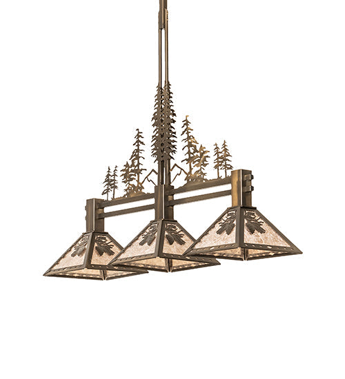 Meyda Lighting Winter Pine 251561 45" 3-Light Antique Copper Tall Pines Island Pendant Light With Silver Mica Shade Glass