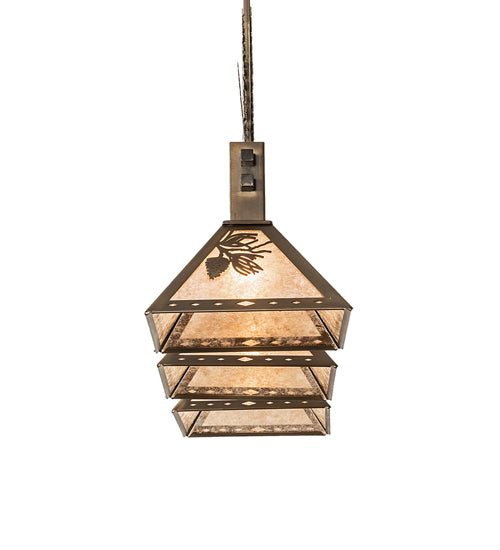 Meyda Lighting Winter Pine 251561 45" 3-Light Antique Copper Tall Pines Island Pendant Light With Silver Mica Shade Glass