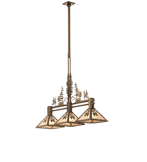 Meyda Lighting Winter Pine 251561 45" 3-Light Antique Copper Tall Pines Island Pendant Light With Silver Mica Shade Glass