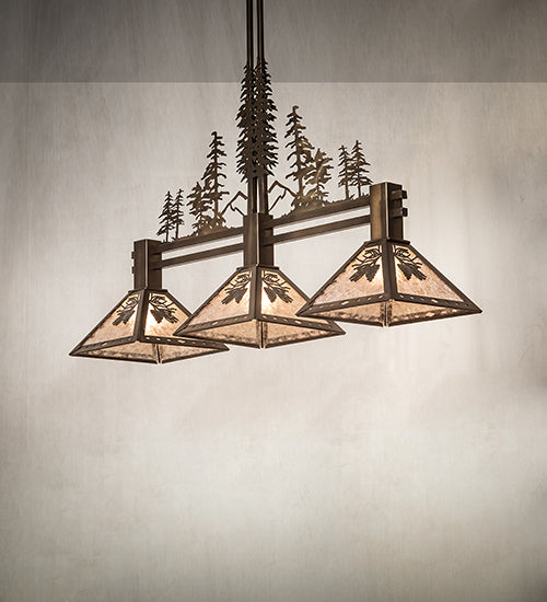 Meyda Lighting Winter Pine 251561 45" 3-Light Antique Copper Tall Pines Island Pendant Light With Silver Mica Shade Glass