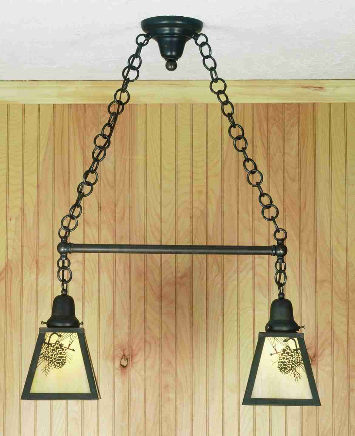 Meyda Lighting Winter Pine 26" 2-Light Craftsman Brown Island Pendant Light With Beige Art Shade Glass