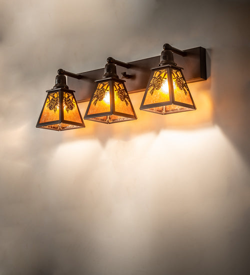 Meyda Lighting Winter Pine 28" 3-Light Cafe Noir Vanity Light With Amber Mica Shade Glass