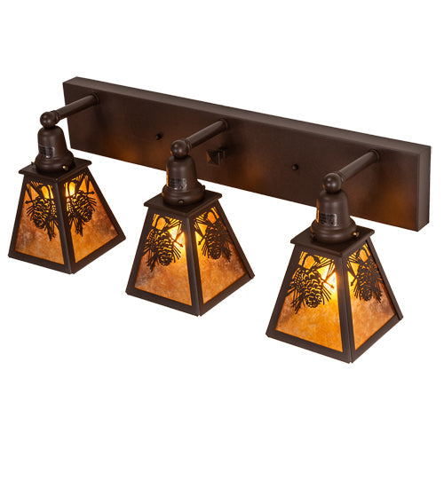 Meyda Lighting Winter Pine 28" 3-Light Cafe Noir Vanity Light With Amber Mica Shade Glass
