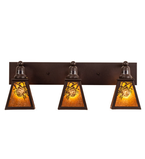Meyda Lighting Winter Pine 28" 3-Light Cafe Noir Vanity Light With Amber Mica Shade Glass