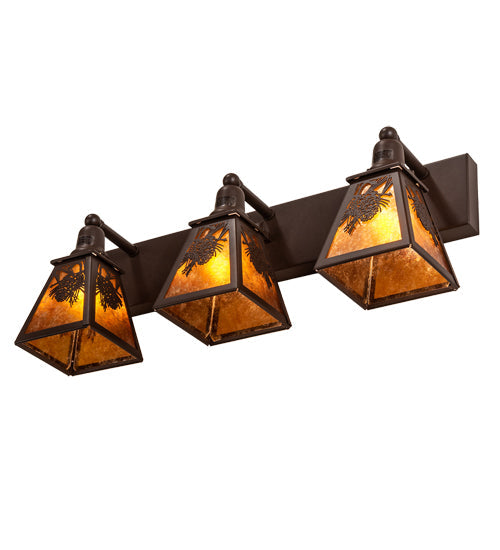 Meyda Lighting Winter Pine 28" 3-Light Cafe Noir Vanity Light With Amber Mica Shade Glass