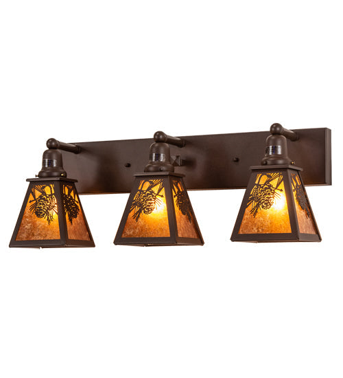 Meyda Lighting Winter Pine 28" 3-Light Cafe Noir Vanity Light With Amber Mica Shade Glass