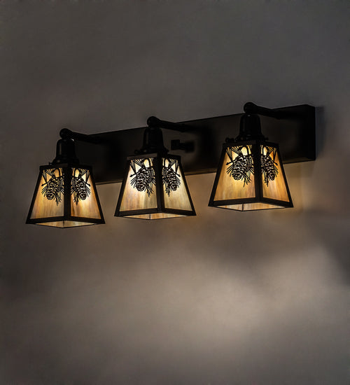Meyda Lighting Winter Pine 28" 3-Light Craftsman Brown Vanity Light With Beige Iridescent Shade Glass