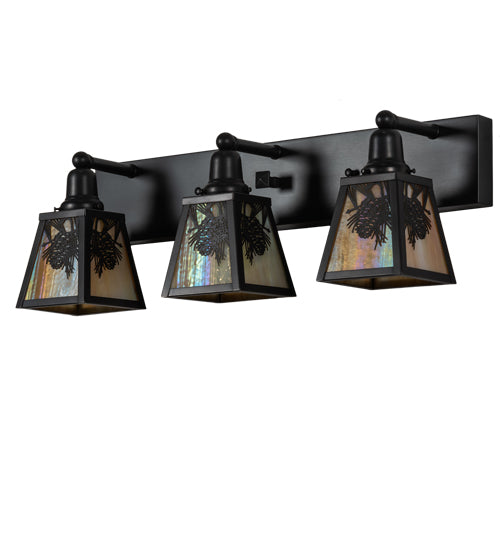 Meyda Lighting Winter Pine 28" 3-Light Craftsman Brown Vanity Light With Beige Iridescent Shade Glass
