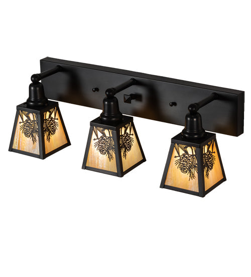 Meyda Lighting Winter Pine 28" 3-Light Craftsman Brown Vanity Light With Beige Iridescent Shade Glass