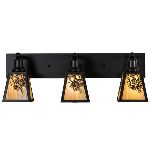 Meyda Lighting Winter Pine 28" 3-Light Craftsman Brown Vanity Light With Beige Iridescent Shade Glass