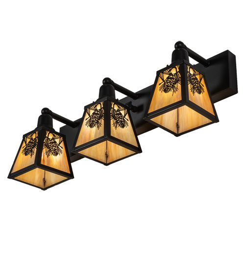 Meyda Lighting Winter Pine 28" 3-Light Craftsman Brown Vanity Light With Beige Iridescent Shade Glass