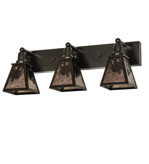 Meyda Lighting Winter Pine 28" 3-Light Timeless Bronze Vanity Light With Silver Mica Shade Glass