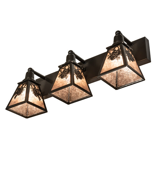 Meyda Lighting Winter Pine 28" 3-Light Timeless Bronze Vanity Light With Silver Mica Shade Glass