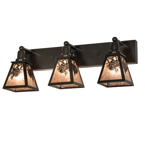 Meyda Lighting Winter Pine 28" 3-Light Timeless Bronze Vanity Light With Silver Mica Shade Glass