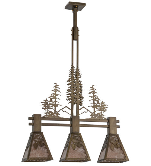 Meyda Lighting Winter Pine 30" 3-Light Antique Copper Tall Pines Island Pendant With Silver Mica Shade Glass