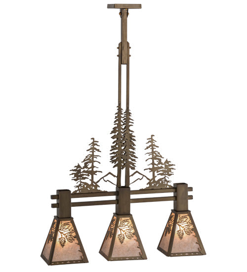 Meyda Lighting Winter Pine 30" 3-Light Antique Copper Tall Pines Island Pendant With Silver Mica Shade Glass