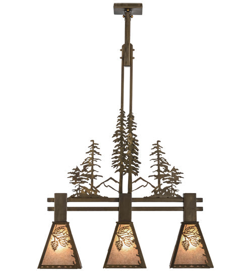 Meyda Lighting Winter Pine 30" 3-Light Antique Copper Tall Pines Island Pendant With Silver Mica Shade Glass