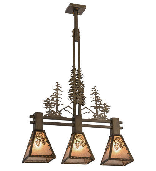 Meyda Lighting Winter Pine 30" 3-Light Antique Copper Tall Pines Island Pendant With Silver Mica Shade Glass