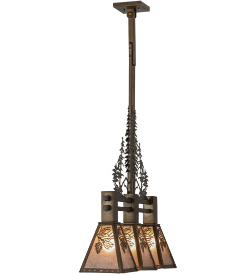 Meyda Lighting Winter Pine 30" 3-Light Antique Copper Tall Pines Island Pendant With Silver Mica Shade Glass