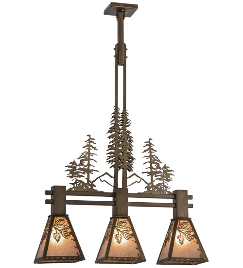 Meyda Lighting Winter Pine 30" 3-Light Antique Copper Tall Pines Island Pendant With Silver Mica Shade Glass