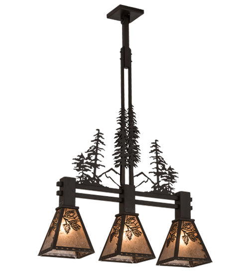Meyda Lighting Winter Pine 30" 3-Light Oil Rubbed Bronze Tall Pines Island Pendant Light With Silver Mica Shade Glass