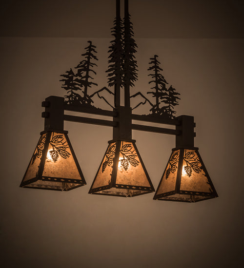 Meyda Lighting Winter Pine 30" 3-Light Oil Rubbed Bronze Tall Pines Island Pendant Light With Silver Mica Shade Glass