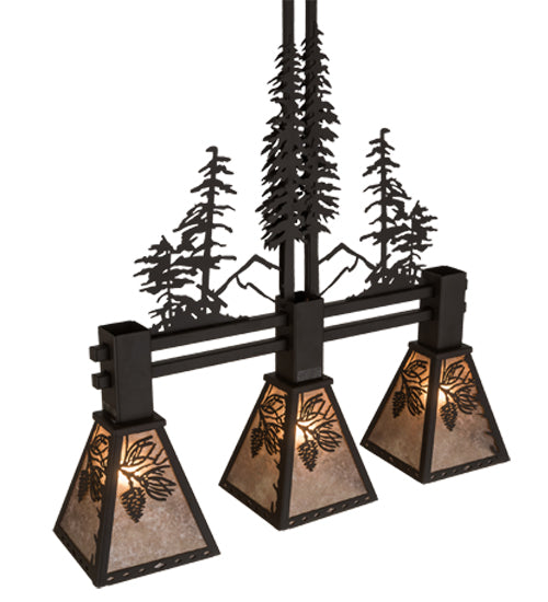 Meyda Lighting Winter Pine 30" 3-Light Oil Rubbed Bronze Tall Pines Island Pendant Light With Silver Mica Shade Glass