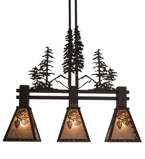 Meyda Lighting Winter Pine 30" 3-Light Oil Rubbed Bronze Tall Pines Island Pendant Light With Silver Mica Shade Glass