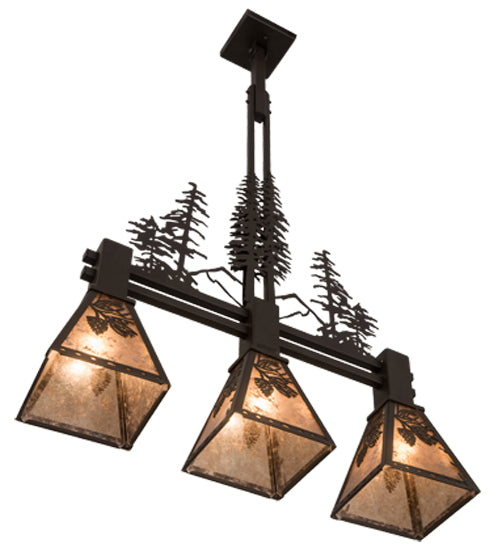Meyda Lighting Winter Pine 30" 3-Light Oil Rubbed Bronze Tall Pines Island Pendant Light With Silver Mica Shade Glass