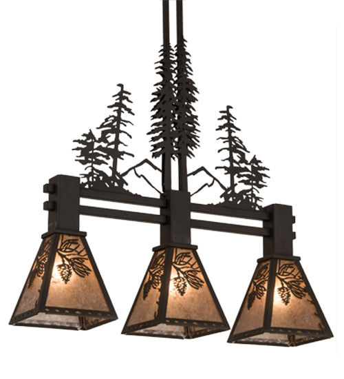 Meyda Lighting Winter Pine 30" 3-Light Oil Rubbed Bronze Tall Pines Island Pendant Light With Silver Mica Shade Glass