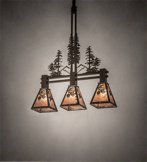 Meyda Lighting Winter Pine 30" 3-Light Timeless Bronze Tall Pines Island Pendant Light With Silver Mica Shade Glass