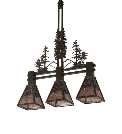 Meyda Lighting Winter Pine 30" 3-Light Timeless Bronze Tall Pines Island Pendant Light With Silver Mica Shade Glass