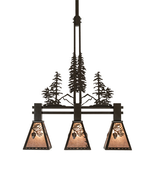 Meyda Lighting Winter Pine 30" 3-Light Timeless Bronze Tall Pines Island Pendant Light With Silver Mica Shade Glass