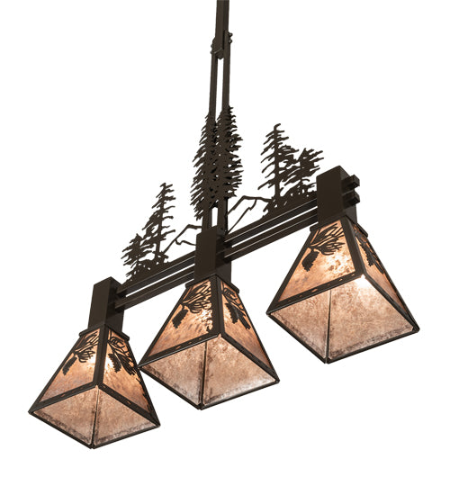 Meyda Lighting Winter Pine 30" 3-Light Timeless Bronze Tall Pines Island Pendant Light With Silver Mica Shade Glass