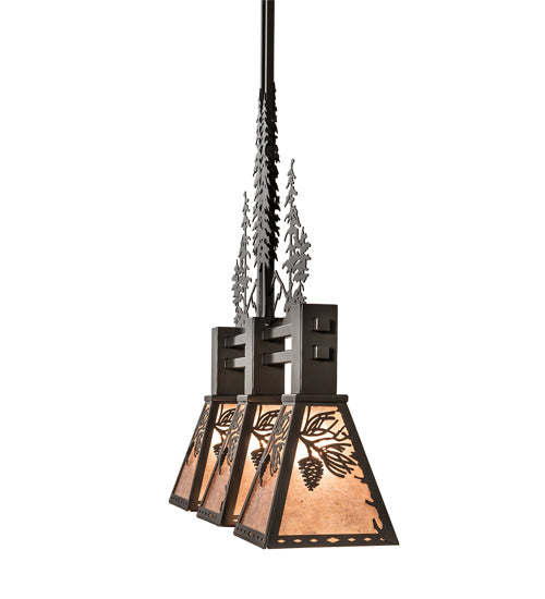 Meyda Lighting Winter Pine 30" 3-Light Timeless Bronze Tall Pines Island Pendant Light With Silver Mica Shade Glass