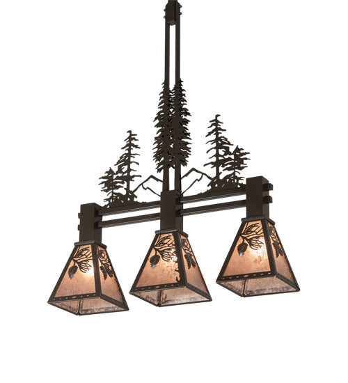 Meyda Lighting Winter Pine 30" 3-Light Timeless Bronze Tall Pines Island Pendant Light With Silver Mica Shade Glass