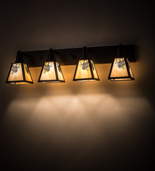 Meyda Lighting Winter Pine 36" 4-Light Craftsman Brown Vanity Light With Beige Iridescent Shade Glass