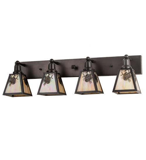Meyda Lighting Winter Pine 36" 4-Light Craftsman Brown Vanity Light With Beige Iridescent Shade Glass