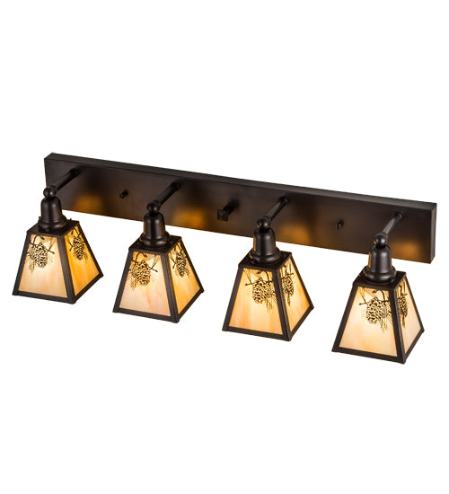 Meyda Lighting Winter Pine 36" 4-Light Craftsman Brown Vanity Light With Beige Iridescent Shade Glass