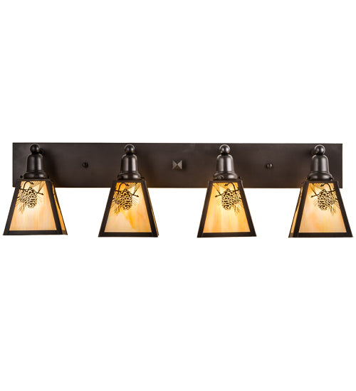 Meyda Lighting Winter Pine 36" 4-Light Craftsman Brown Vanity Light With Beige Iridescent Shade Glass