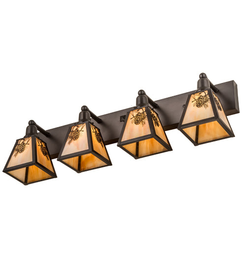 Meyda Lighting Winter Pine 36" 4-Light Craftsman Brown Vanity Light With Beige Iridescent Shade Glass