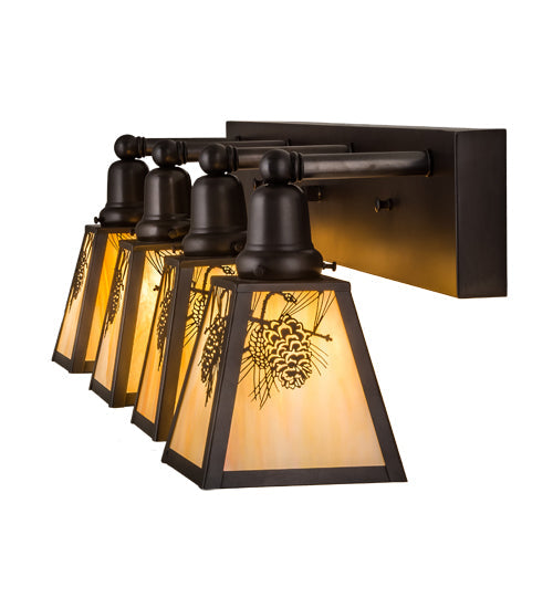 Meyda Lighting Winter Pine 36" 4-Light Craftsman Brown Vanity Light With Beige Iridescent Shade Glass